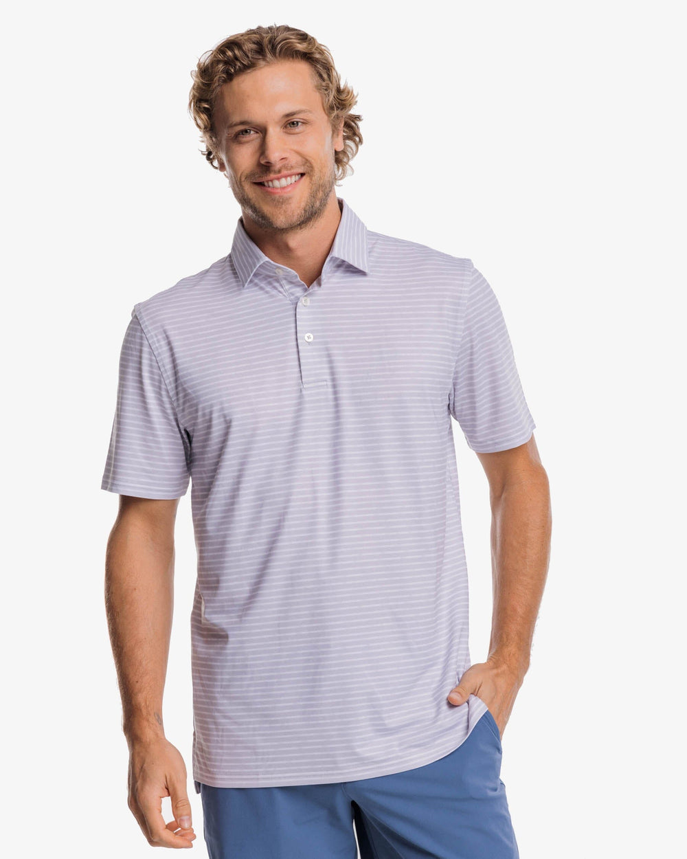 The front view of the Southern Tide Driver Wymberly Stripe Performance Polo Shirt by Southern Tide - Slate Grey
