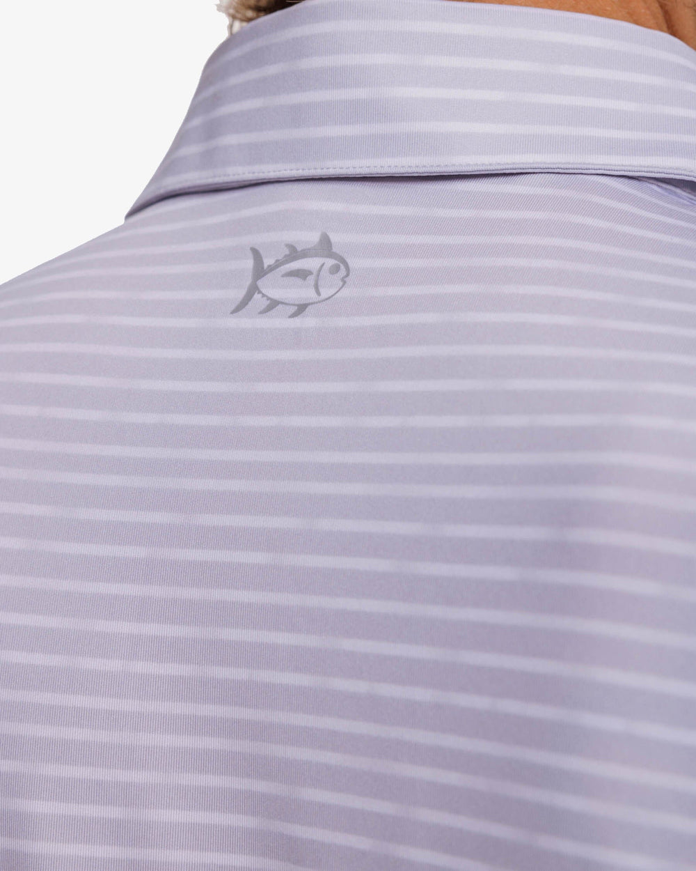 The detail view of the Southern Tide Driver Wymberly Stripe Performance Polo Shirt by Southern Tide - Slate Grey