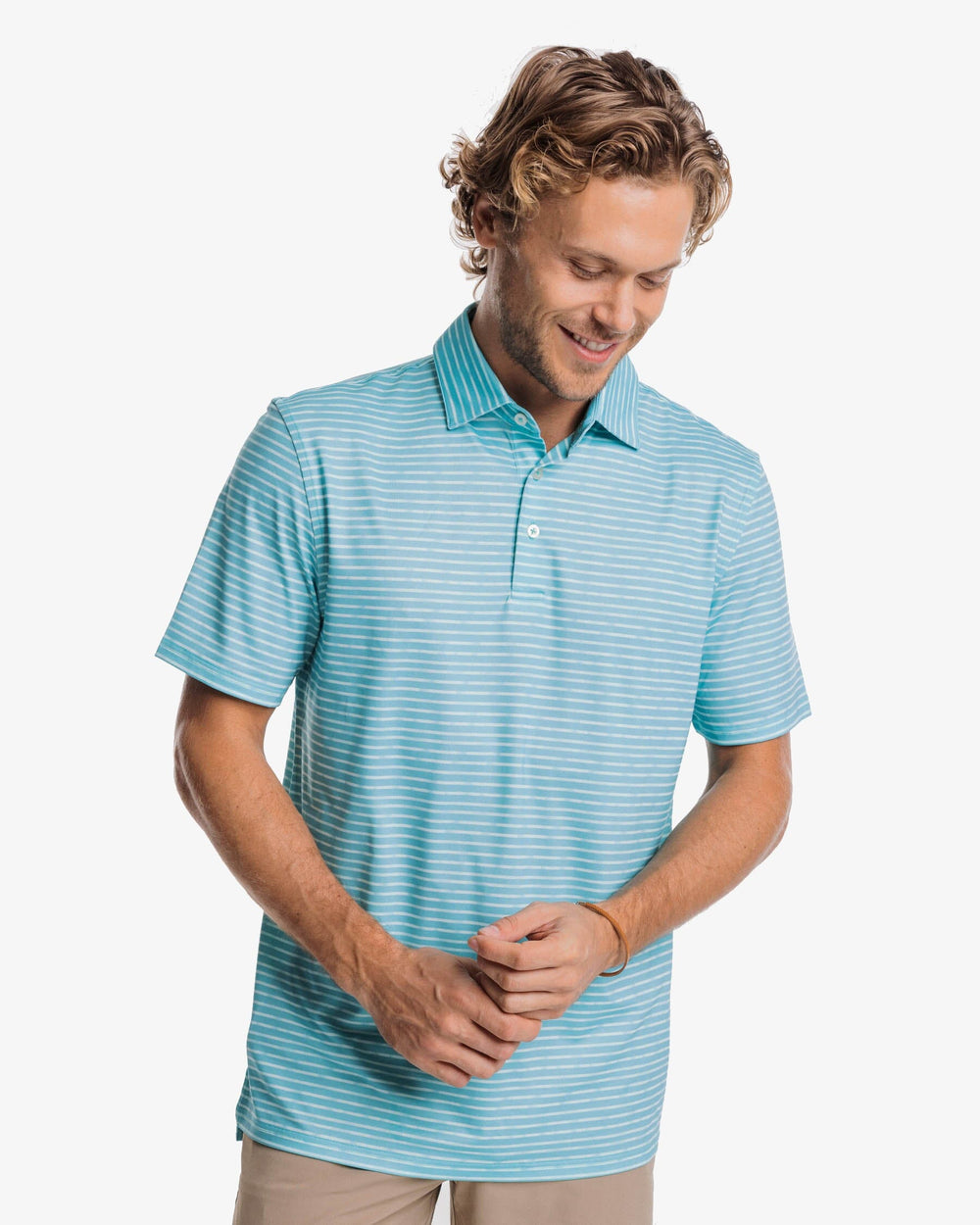 The front view of the Southern Tide Driver Wymberly Stripe Performance Polo Shirt by Southern Tide - Tidal Wave