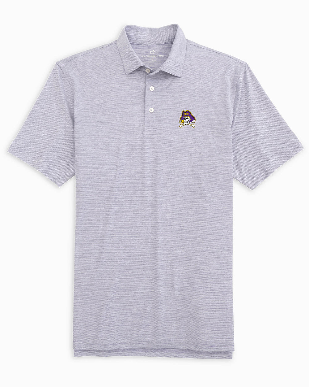 The front of the Men's East Carolina Driver Spacedye Polo Shirt by Southern Tide - Regal Purple