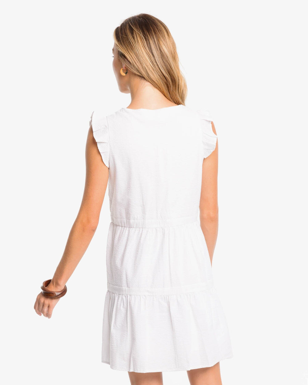 The back view of the Southern Tide Evelyn Seersucker Tiered Dress by Southern Tide - Classic White