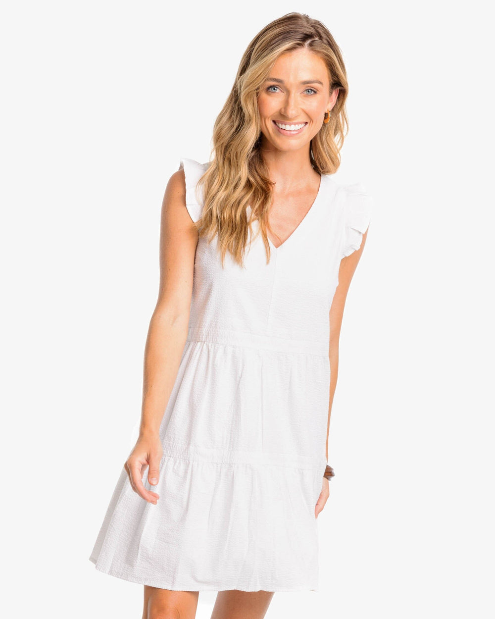 The front view of the Southern Tide Evelyn Seersucker Tiered Dress by Southern Tide - Classic White
