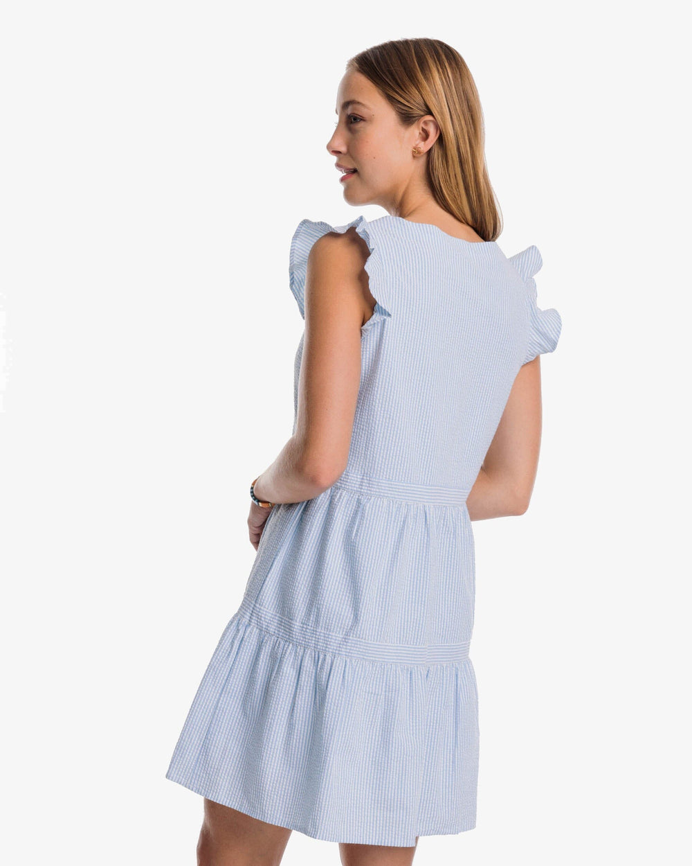 The back view of the Southern Tide Evelyn Seersucker Tiered Dress by Southern Tide - Sky Blue