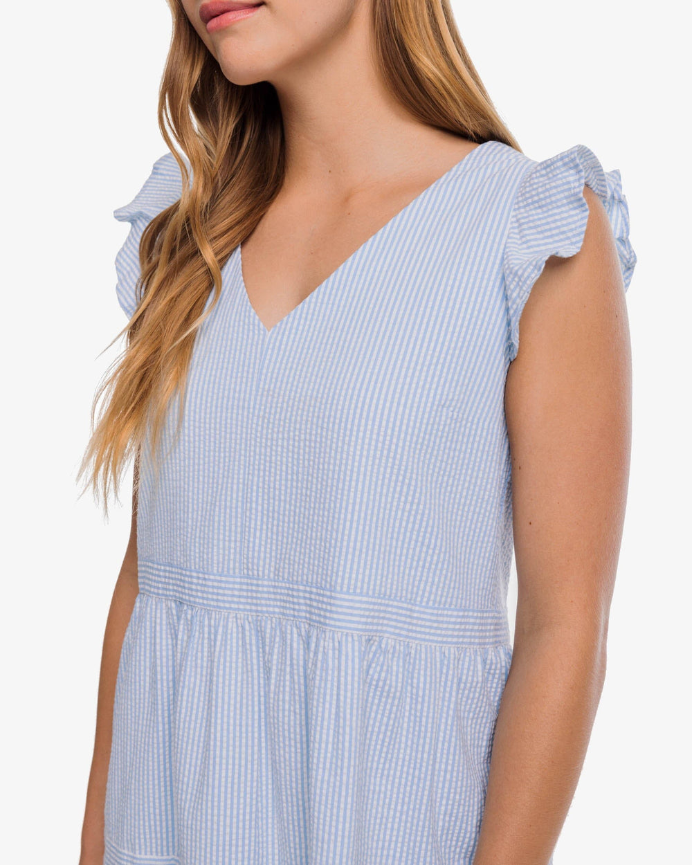 The detail view of the Southern Tide Evelyn Seersucker Tiered Dress by Southern Tide - Sky Blue