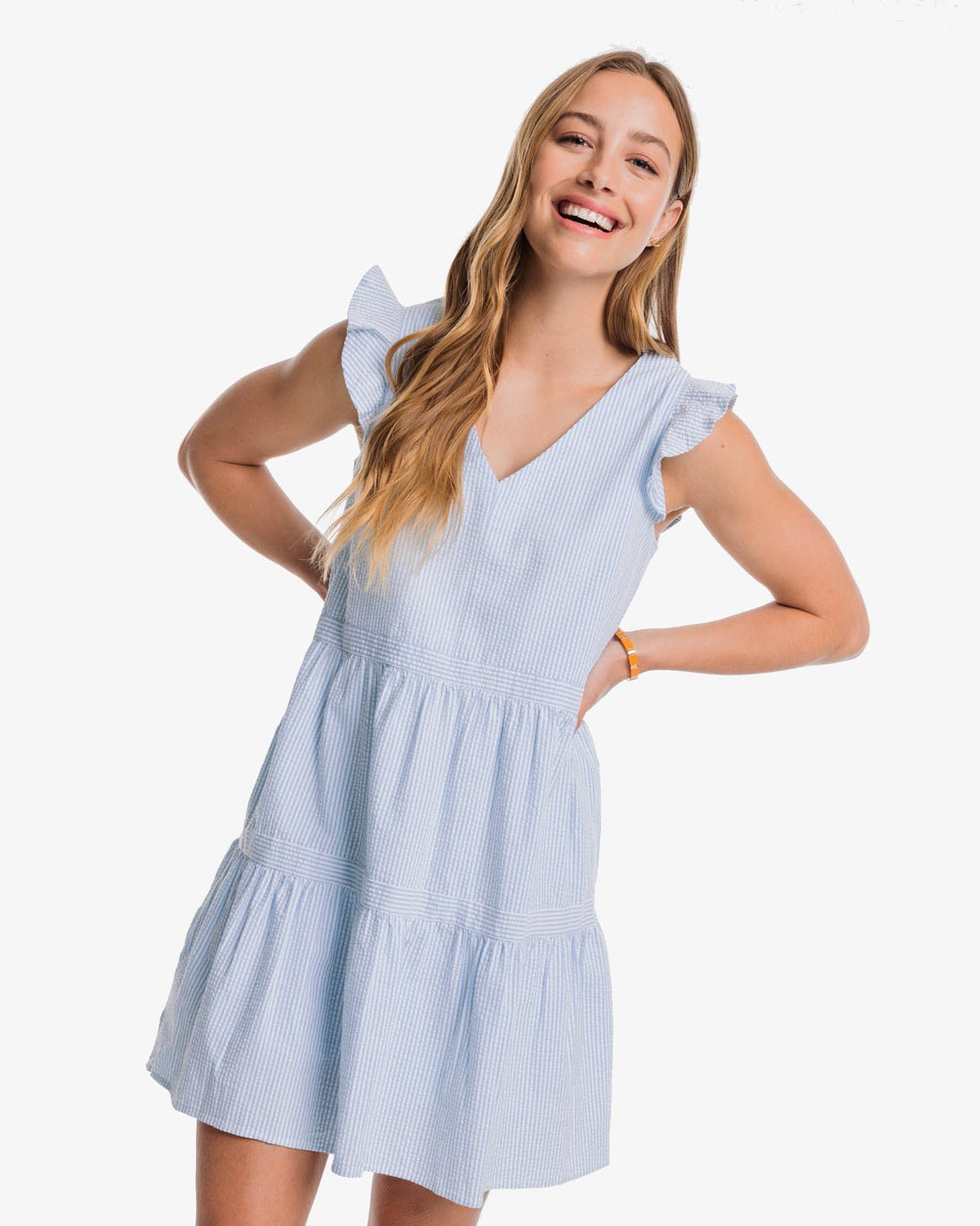 The front view of the Southern Tide Evelyn Seersucker Tiered Dress by Southern Tide - Sky Blue