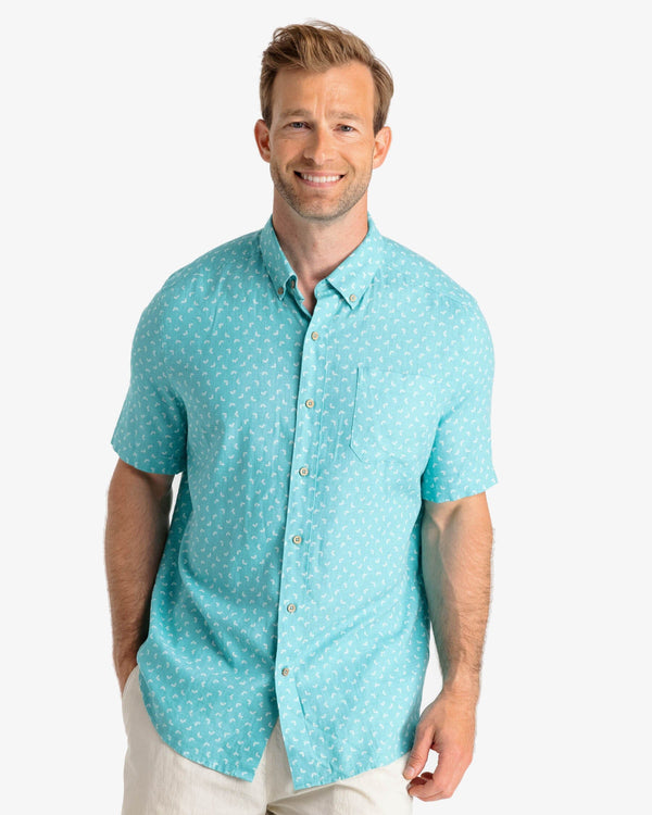 The front view of the Southern Tide Fish Toss Print Short Sleeve Button Down by Southern Tide - Tidal Wave