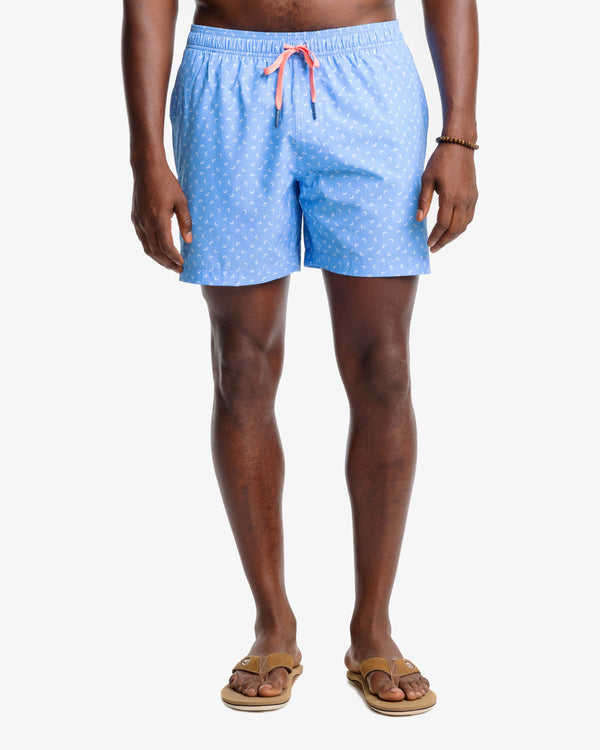 The front view of the Southern Tide Fish Toss Print Swim Trunk by Southern Tide - Boat Blue