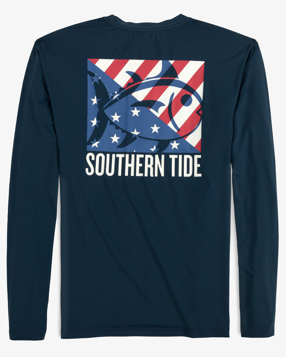 The back view of the Men's Flag Cutout Long Sleeve Performance T-Shirt by Southern Tide - Specular Blue