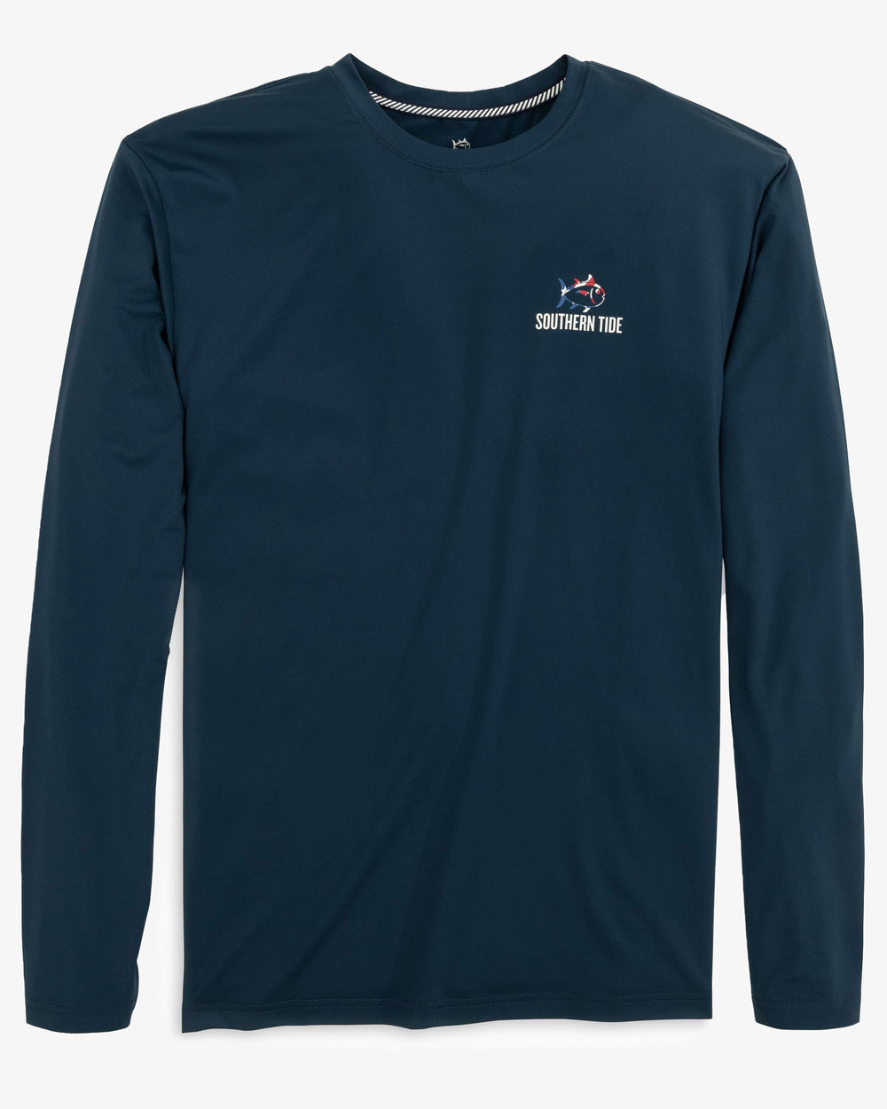 The front view of the Men's Flag Cutout Long Sleeve Performance T-Shirt by Southern Tide - Specular Blue