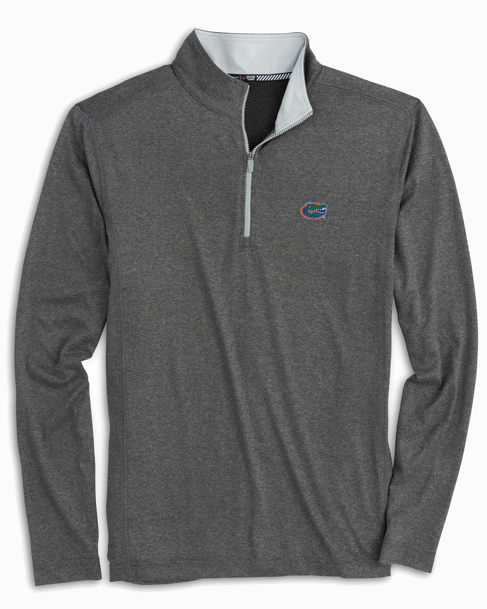 The front view of the Men's University of Florida Flanker Quarter Zip Pullover by Southern Tide - Heather Polarized Grey