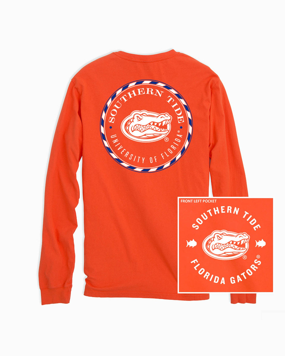 The front and back of the Florida Gators Long Sleeve Medallion Logo T-Shirt by Southern Tide - Endzone Orange