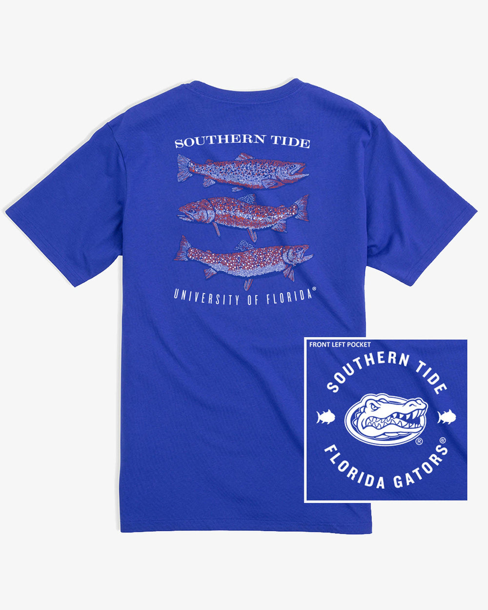 The front and back view of the Florida Gators Spotted Trout T-Shirt by Southern Tide - University Blue