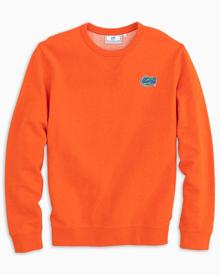 The front view of the Men's Orange Florida Gators Upper Deck Pullover Sweatshirt by Southern Tide - Heather Endzone Orange