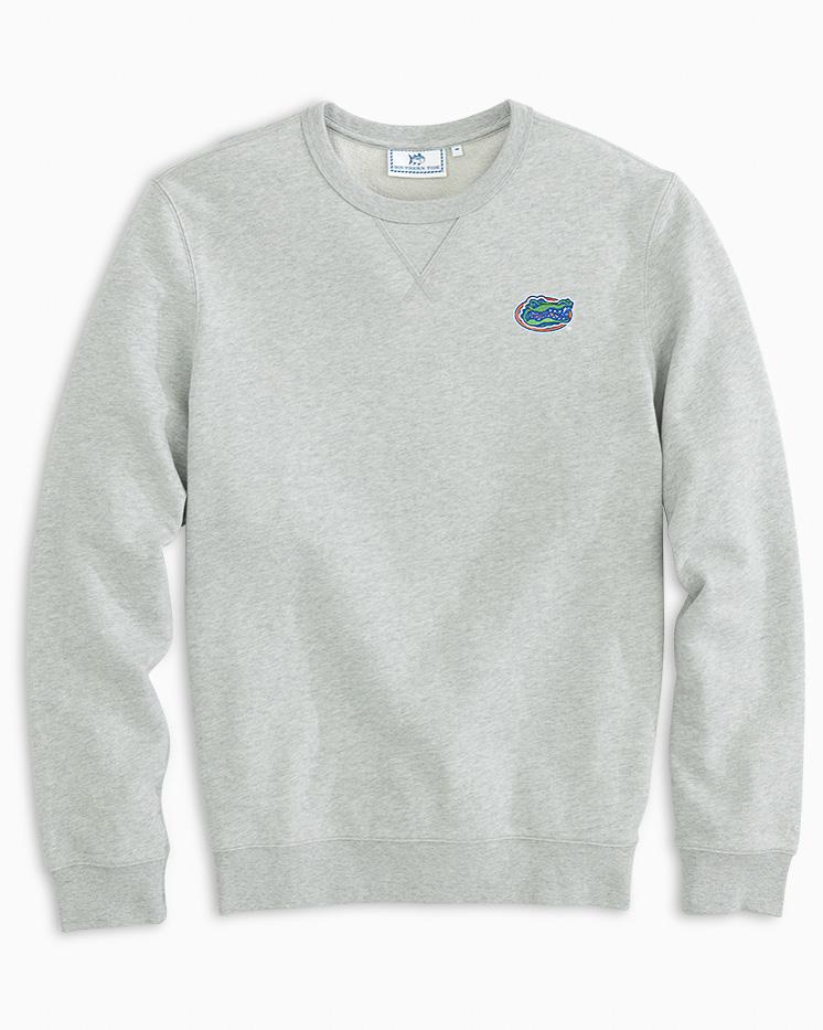 The front view of the Men's Grey Florida Gators Upper Deck Pullover Sweatshirt by Southern Tide - Heather Slate Grey