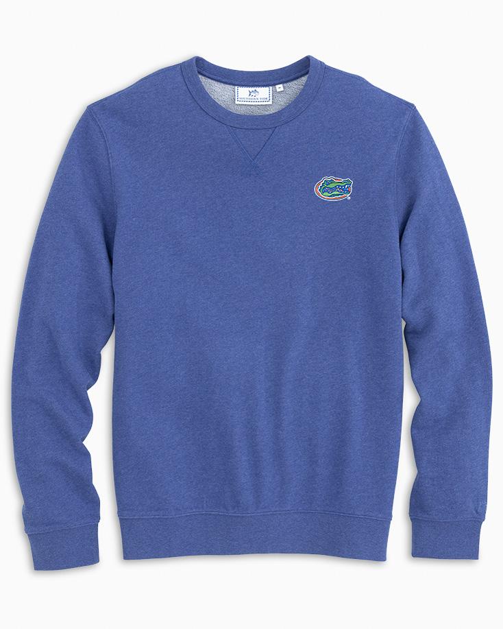 The front view of the Men's Blue Florida Gators Upper Deck Pullover Sweatshirt by Southern Tide - Heather University Blue