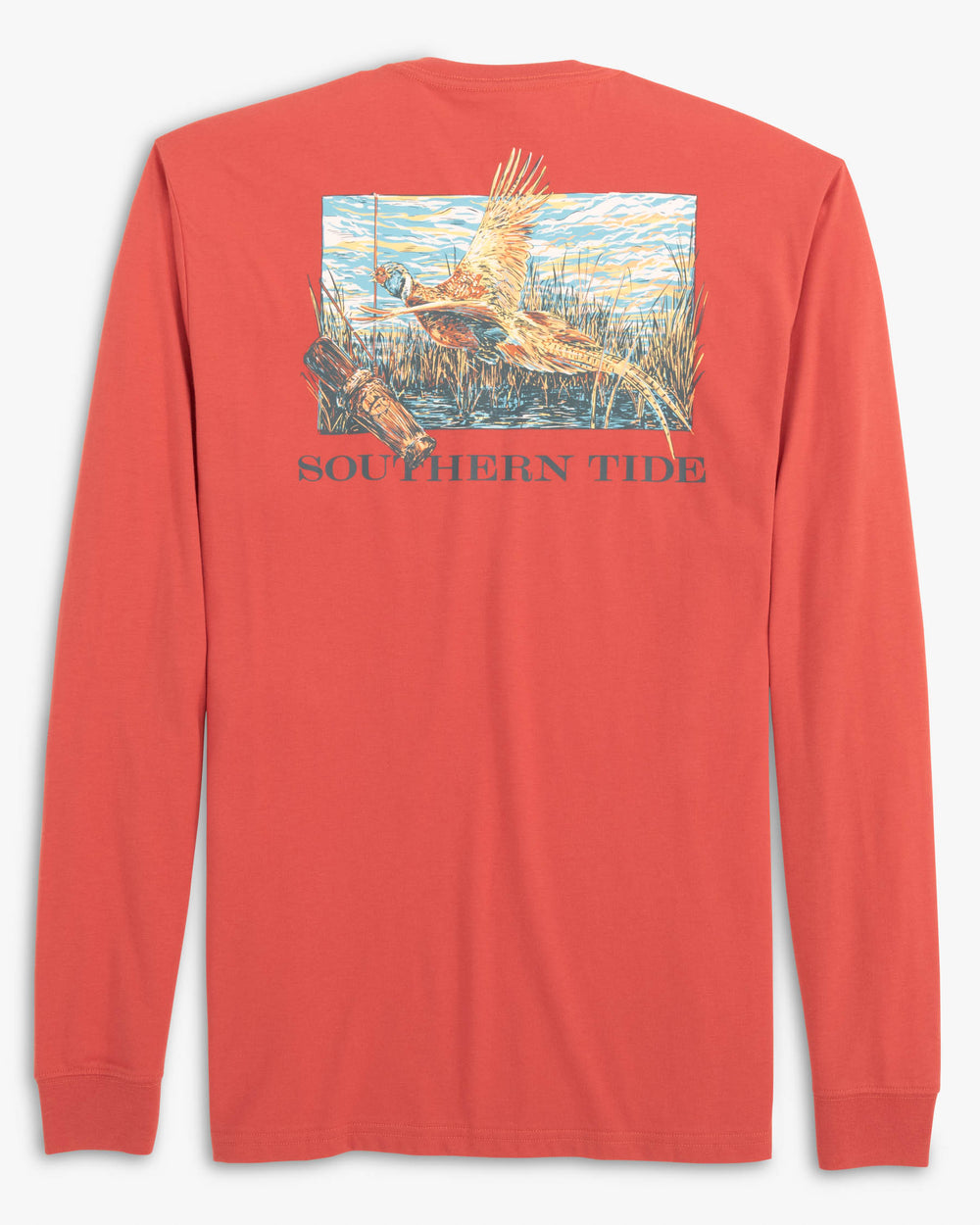 The back view of the Fowl Call Series Long Sleeve T-Shirt Pheasant by Southern Tide - Mineral Red