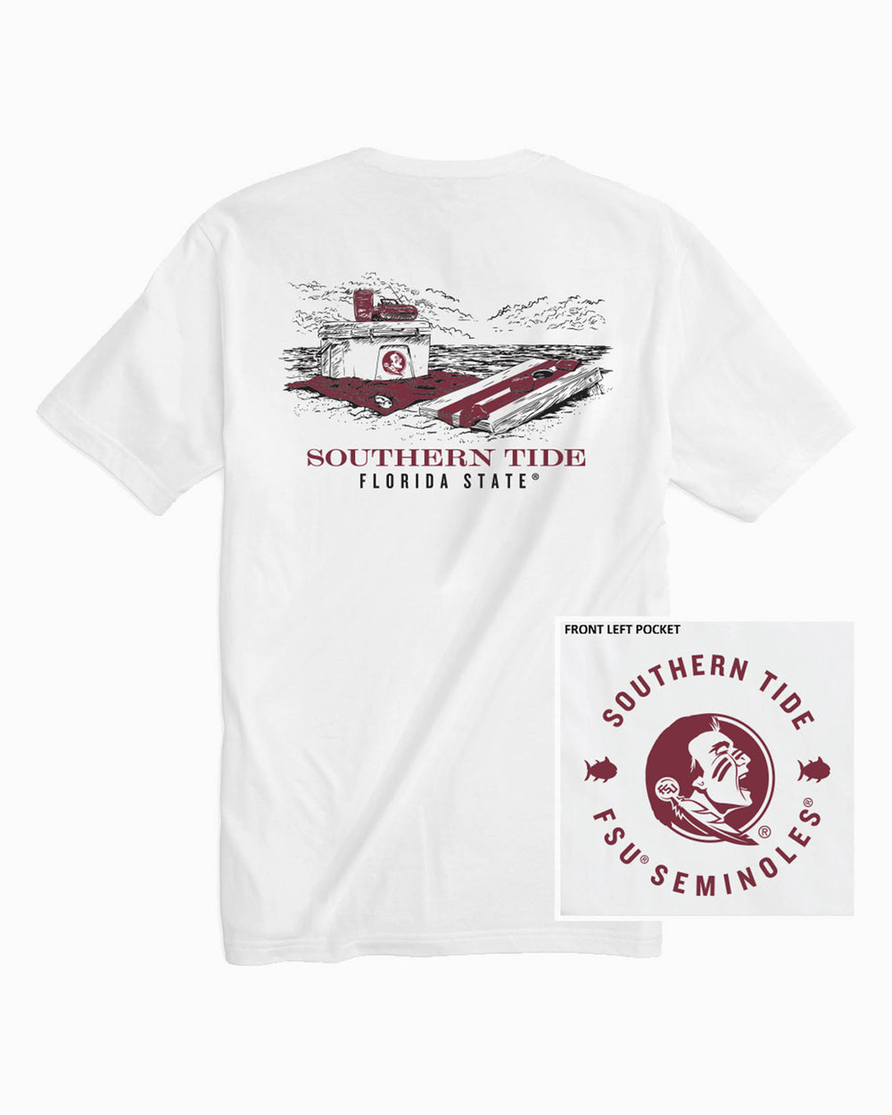 The front and back of the FSU Seminoles Beach Cornhole T-Shirt by Southern Tide - Classic White