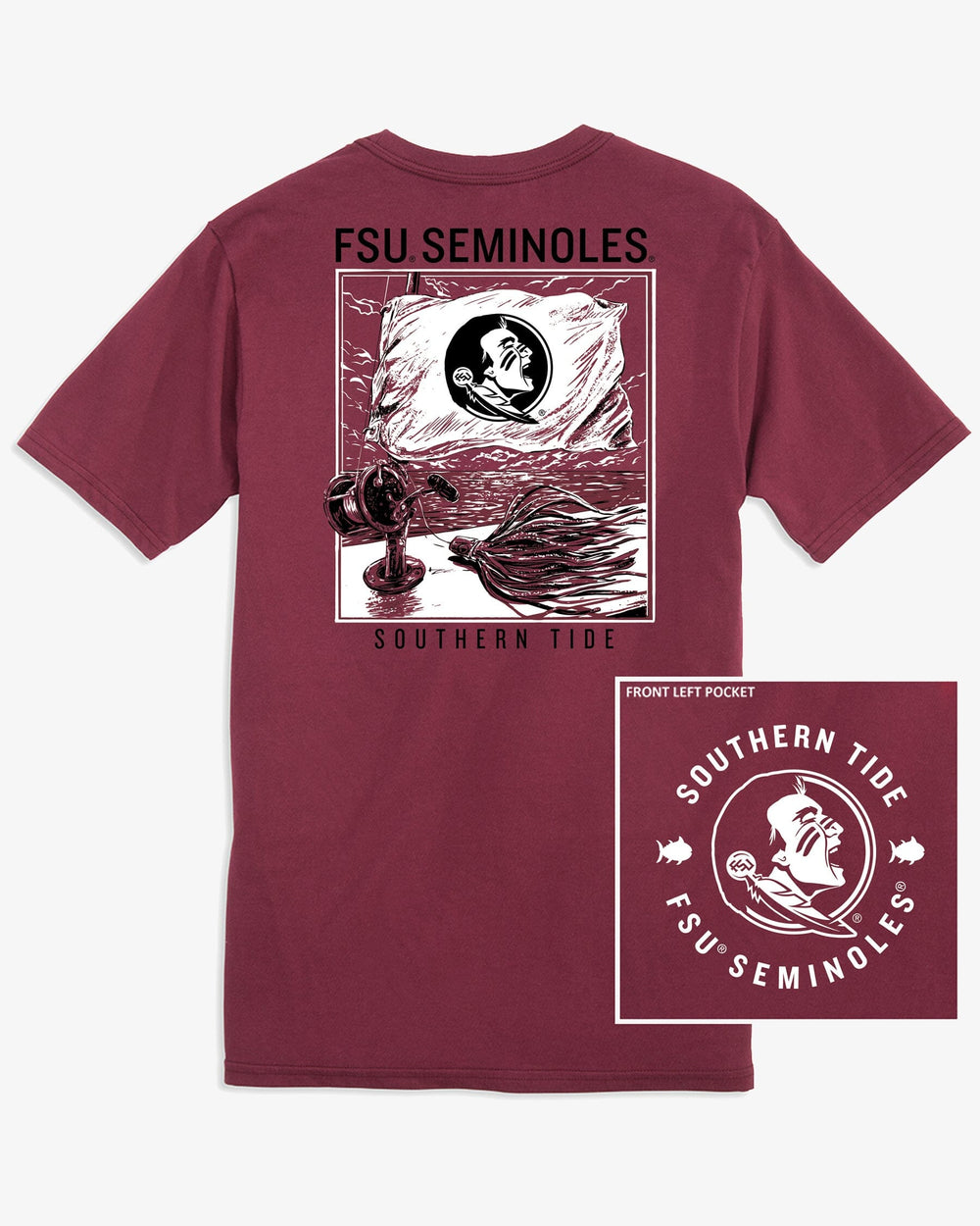 The back view of the FSU Seminoles Fishing Flag T-Shirt by Southern Tide - Chianti