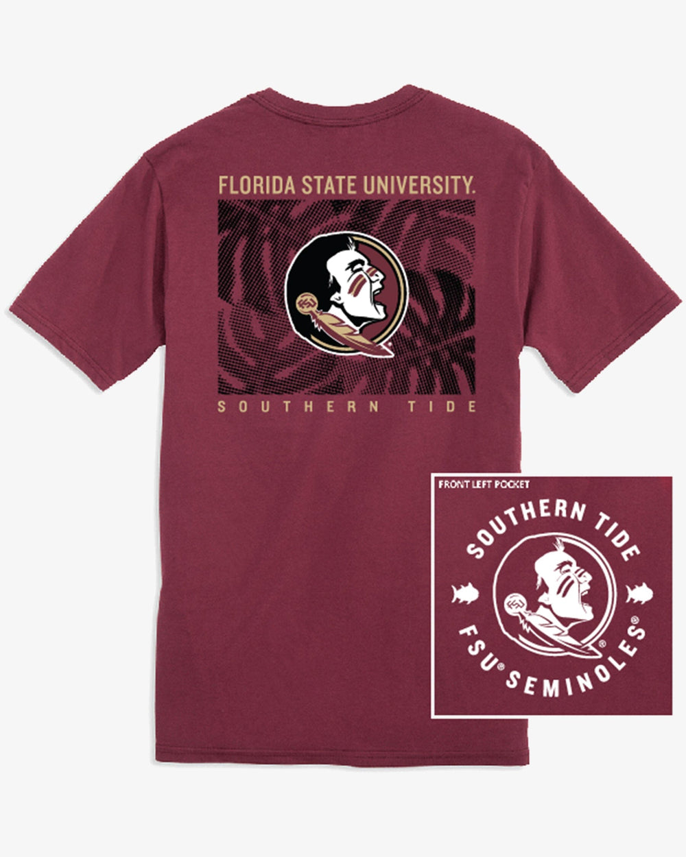 The back view of the FSU Seminoles Halftone Monstera T-Shirt by Southern Tide - Chianti