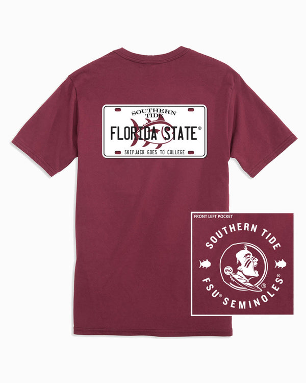 The front and back of the FSU Seminoles License Plate T-Shirt by Southern Tide - Chianti