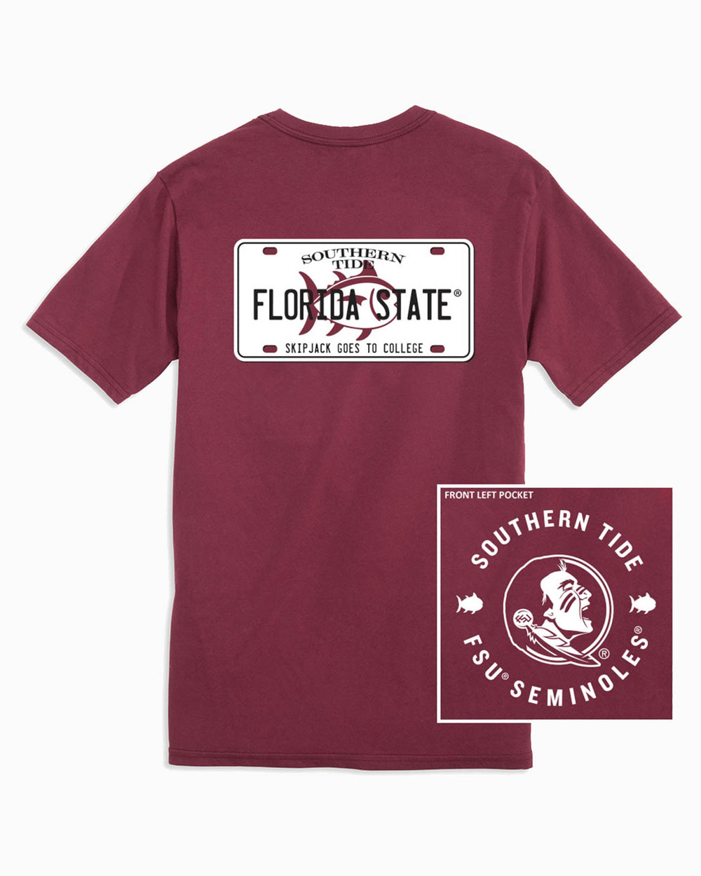 The back view of the FSU Seminoles License Plate T-Shirt by Southern Tide - Chianti