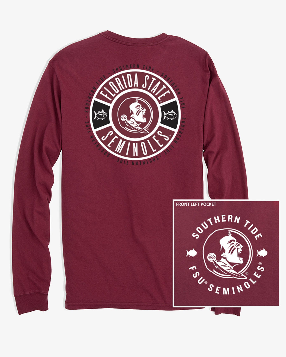 The back view of the Southern Tide FSU Seminoles Ring Badge T-Shirt by Southern Tide - Chianti