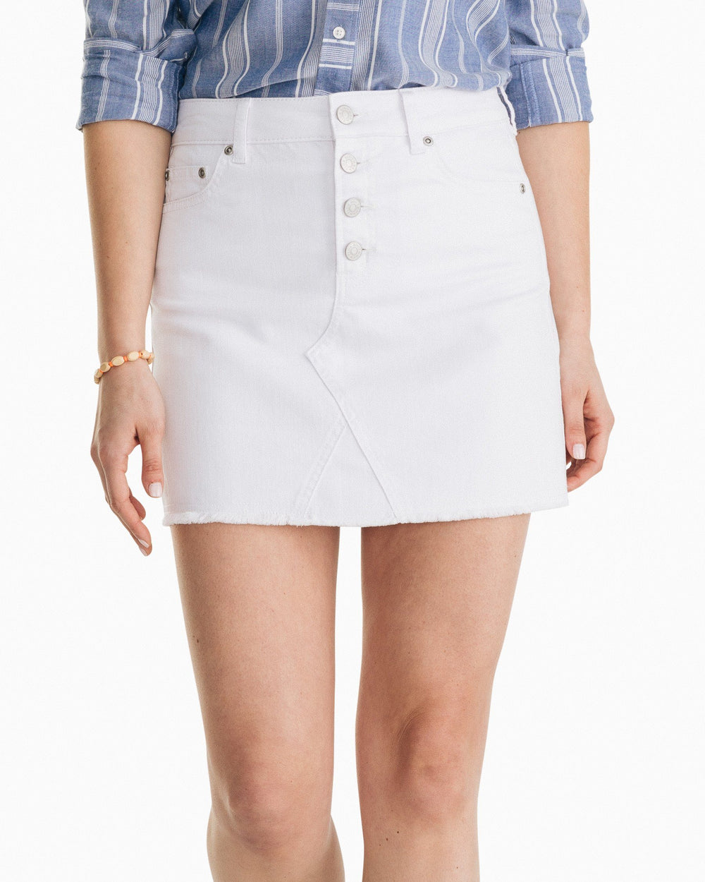 The front view of the Women's White Gabriela Denim Skirt by Southern Tide - Classic White