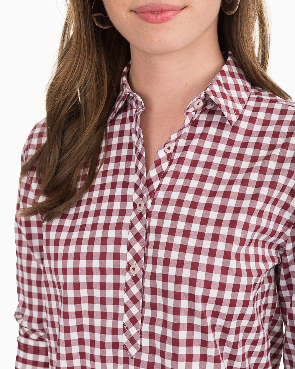 The detail view of the Southern Tide Gameday Intercoastal Hadley Popover by Southern Tide - Chianti