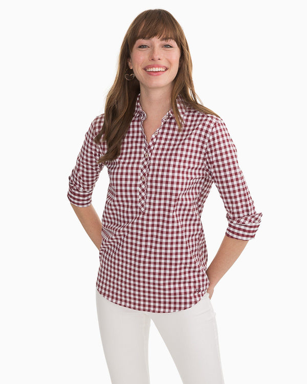 The front view of the Southern Tide Gameday Intercoastal Hadley Popover by Southern Tide - Chianti