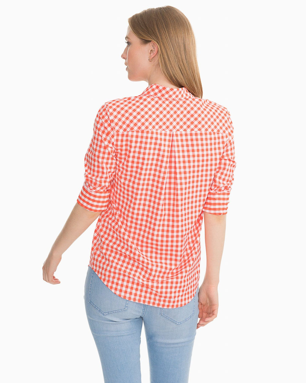 The back view of the Southern Tide Gameday Intercoastal Hadley Popover by Southern Tide - Endzone Orange