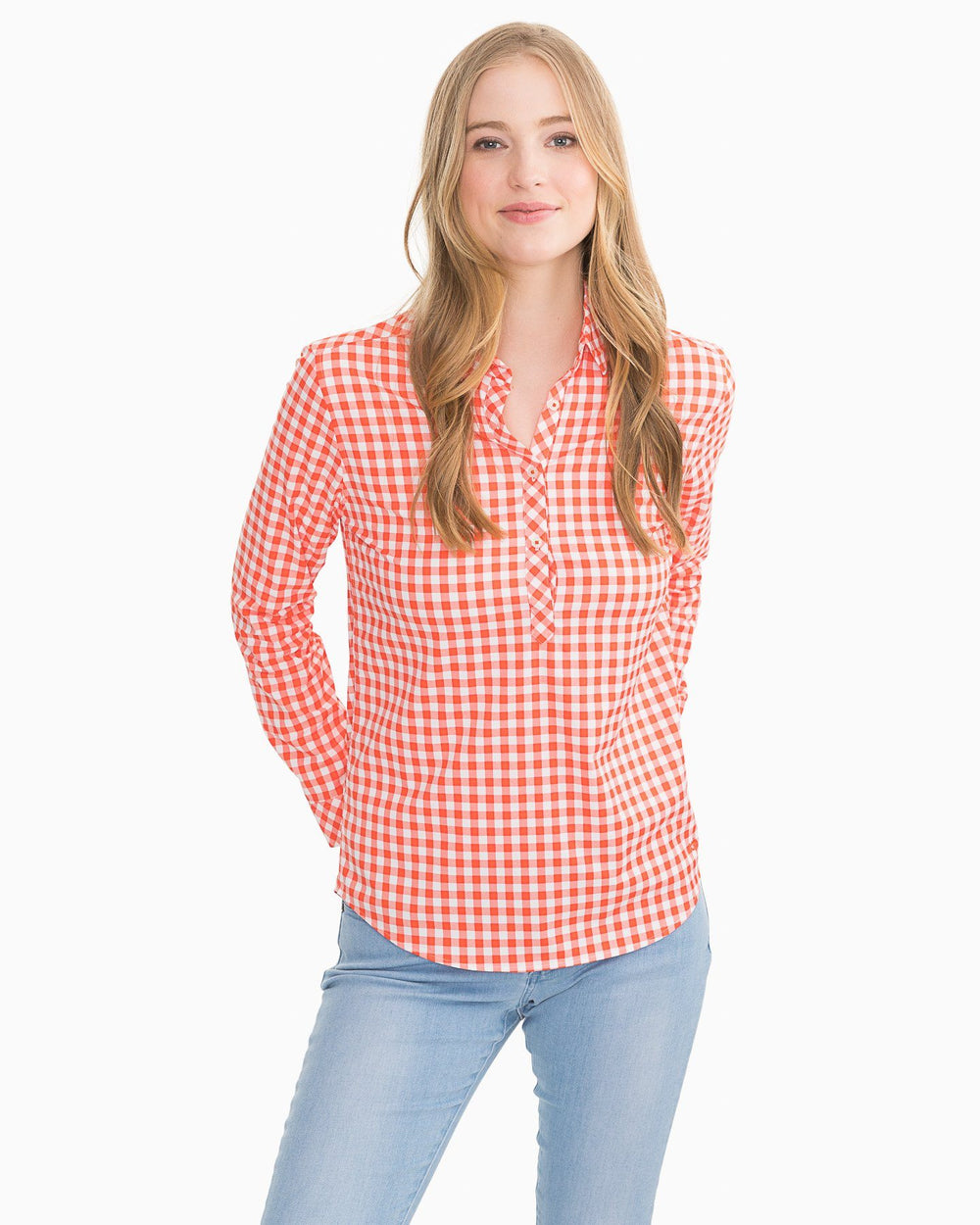 The front view of the Southern Tide Gameday Intercoastal Hadley Popover by Southern Tide - Endzone Orange