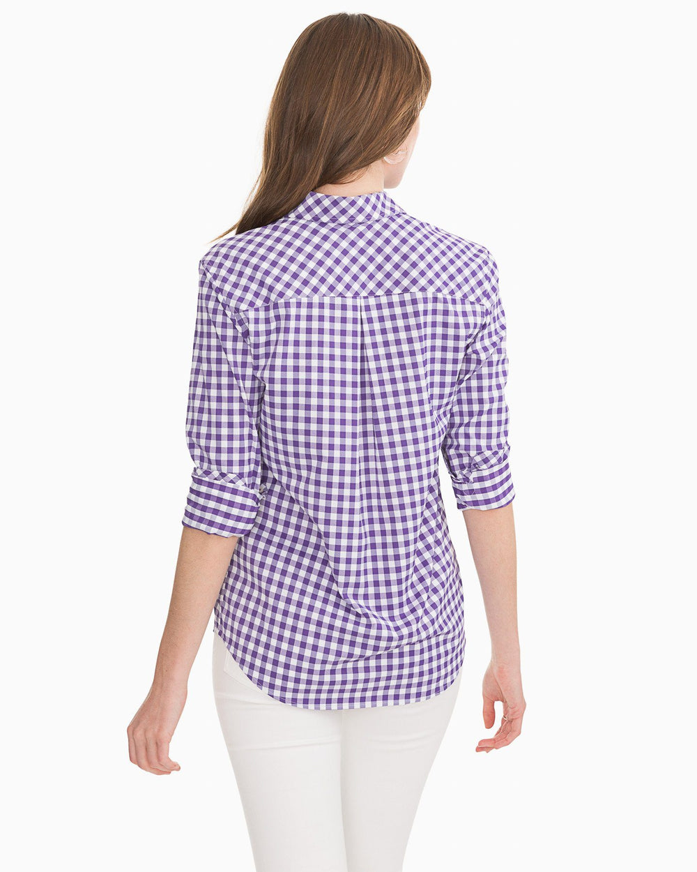 The back view of the Southern Tide Gameday Intercoastal Hadley Popover by Southern Tide - Regal Purple