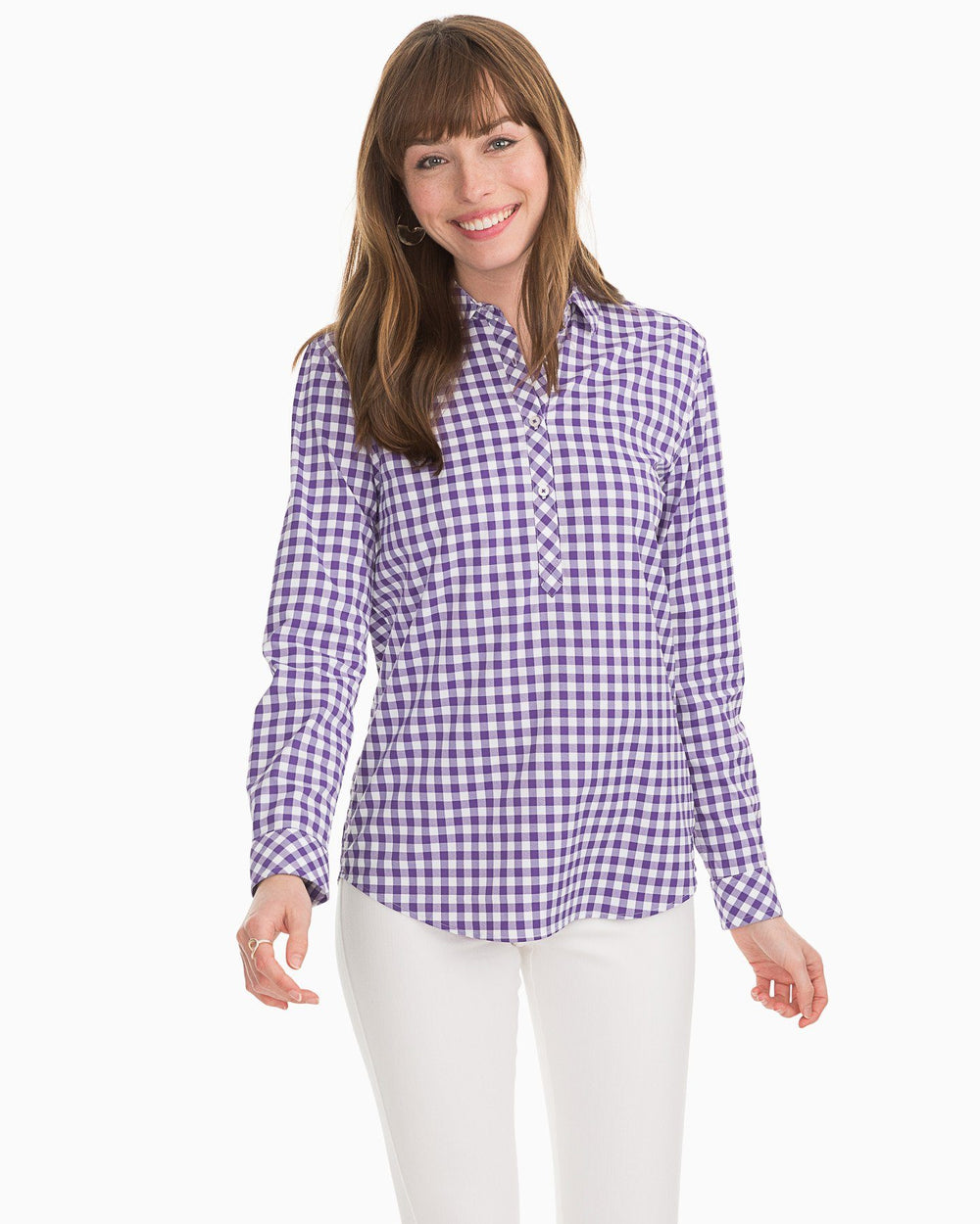 The front view of the Southern Tide Gameday Intercoastal Hadley Popover by Southern Tide - Regal Purple