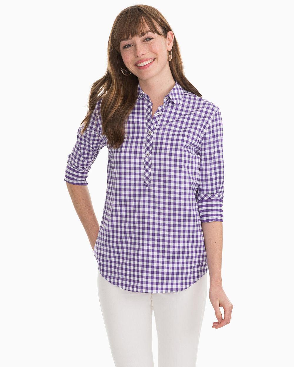 The front2 view of the Southern Tide Gameday Intercoastal Hadley Popover by Southern Tide - Regal Purple