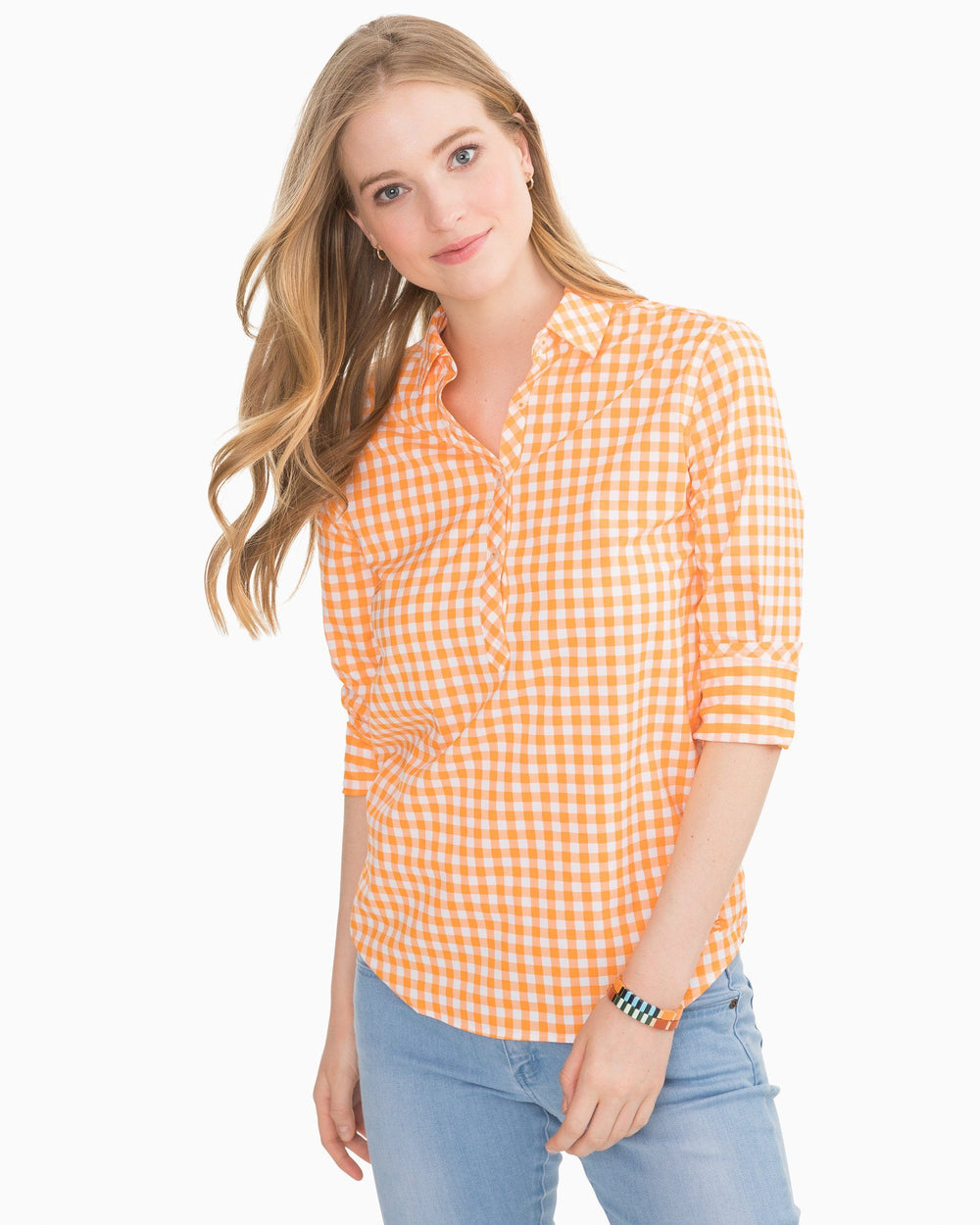 The front view of the Southern Tide Gameday Intercoastal Hadley Popover by Southern Tide - Rocky Top Orange