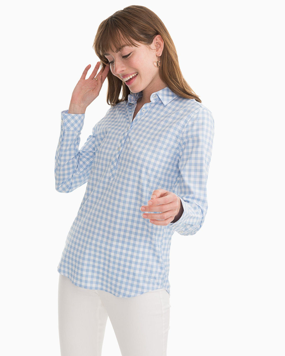 The front view of the Southern Tide Gameday Intercoastal Hadley Popover by Southern Tide - Tide Blue