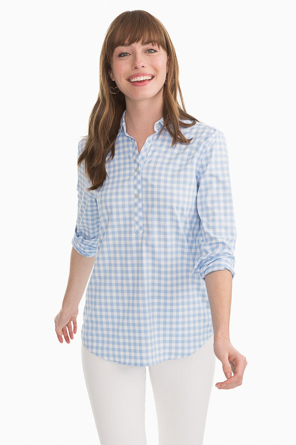 The front2 view of the Southern Tide Gameday Intercoastal Hadley Popover by Southern Tide - Tide Blue