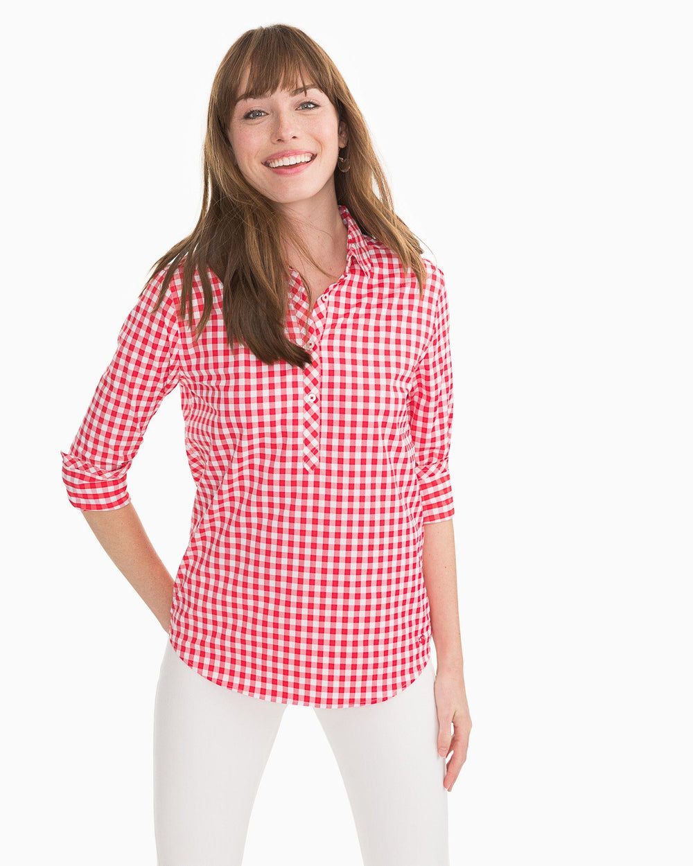The front2 view of the Southern Tide Gameday Intercoastal Hadley Popover by Southern Tide - Varsity Red