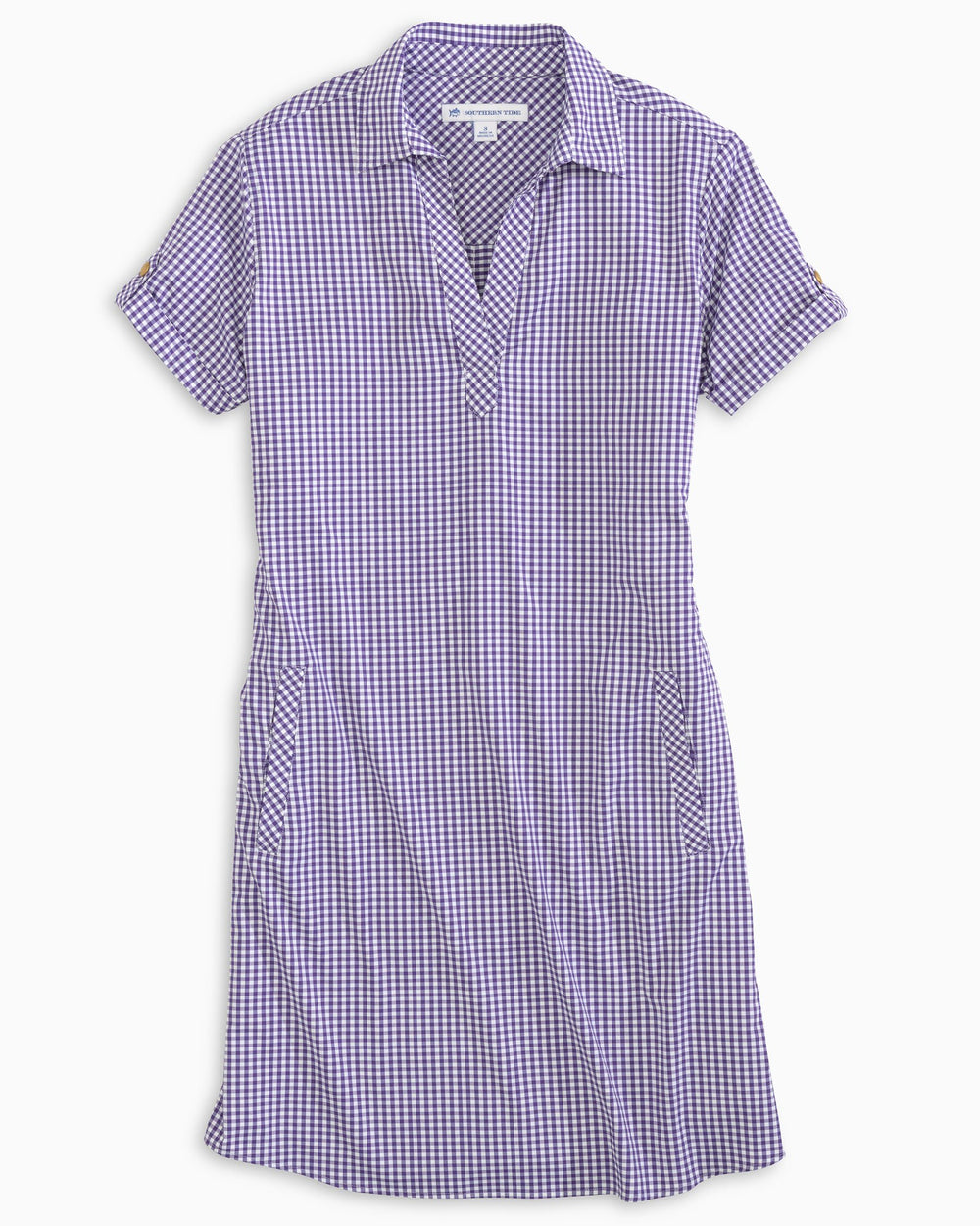 The front of the Women's Gameday Kamryn Intercoastal Shirt Dress by Southern Tide - Regal Purple