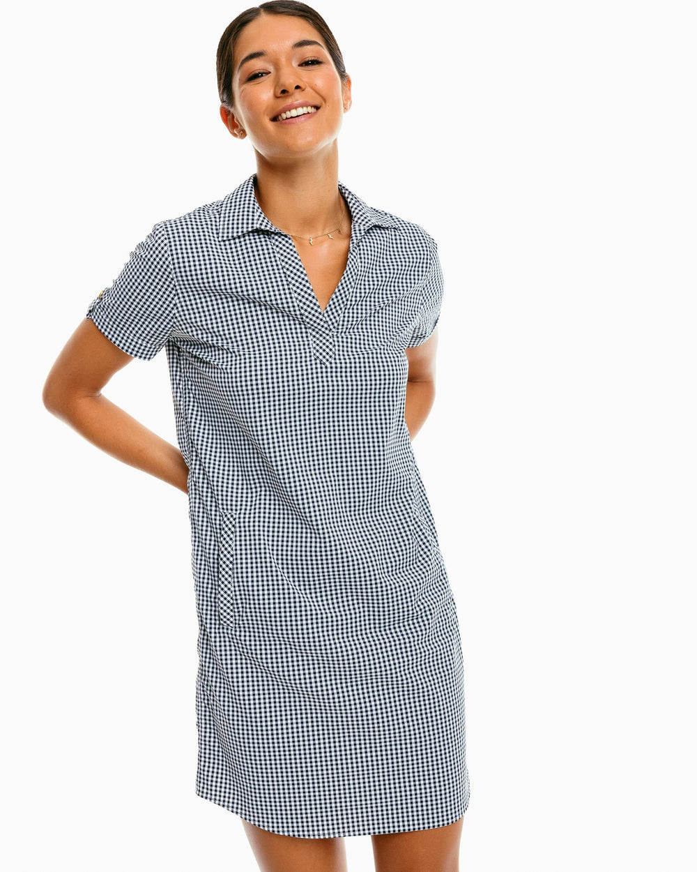 The front of the Women's Gameday Kamryn Intercoastal Shirt Dress by Southern Tide - Black