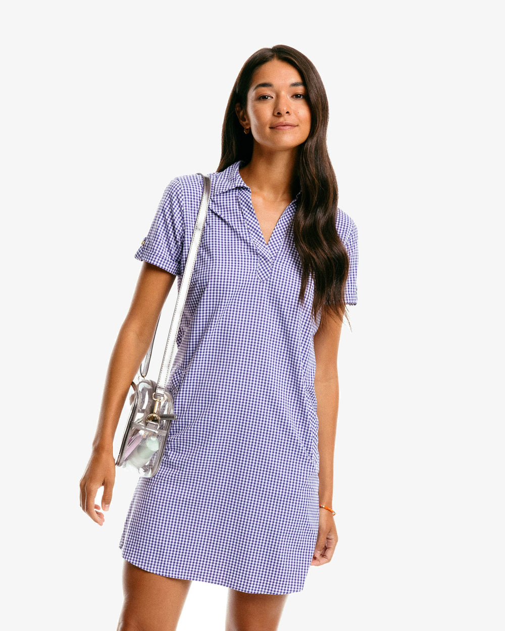The model front of the Women's Gameday Kamryn Intercoastal Shirt Dress by Southern Tide - Regal Purple