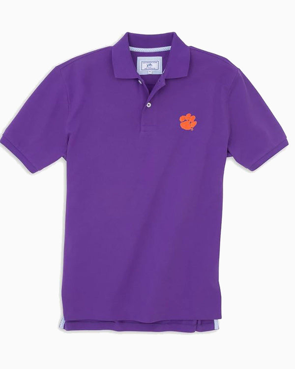 The front view of the Men's Purple Clemson Tigers Pique Polo Shirt by Southern Tide - Regal Purple