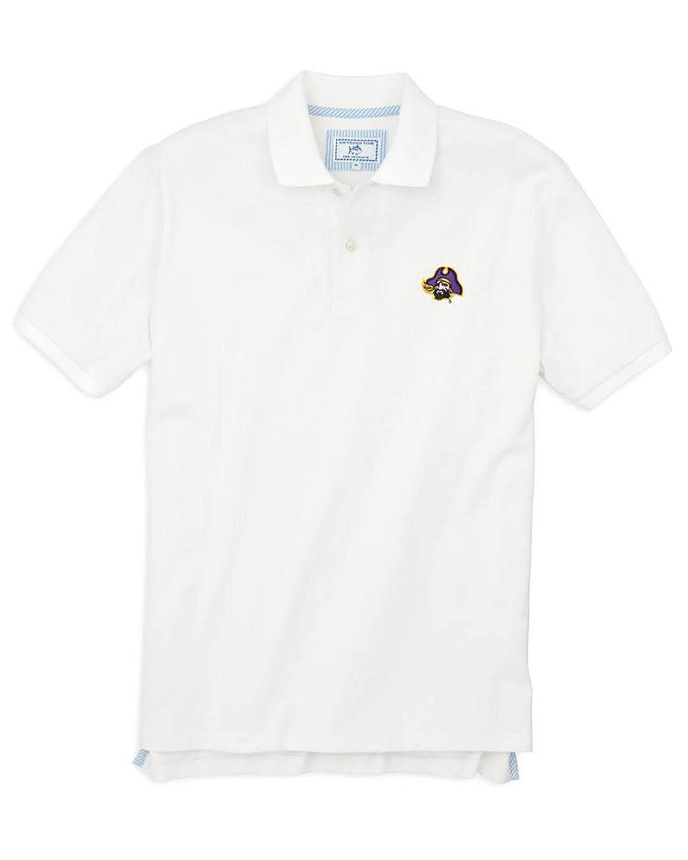 The front view of the Men's White East Carolina Pique Polo Shirt by Southern Tide - Classic White