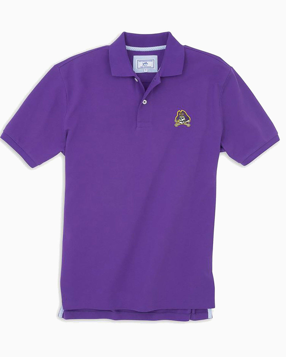 The front view of the Men's Purple East Carolina Pique Polo Shirt by Southern Tide - Regal Purple