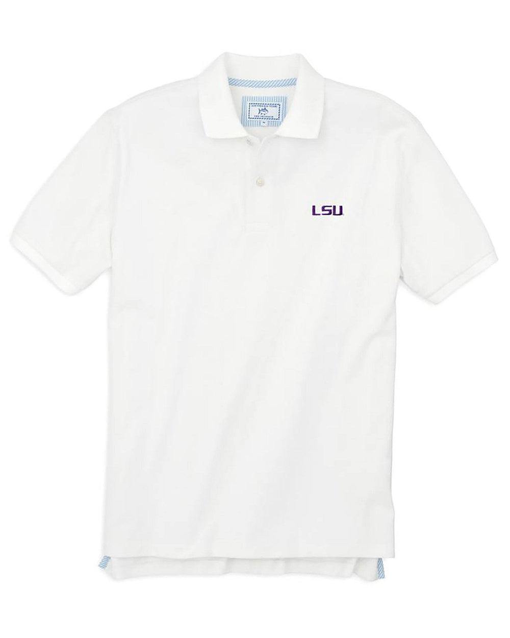 The front view of the Men's White LSU Tigers Pique Polo Shirt by Southern Tide - Classic White