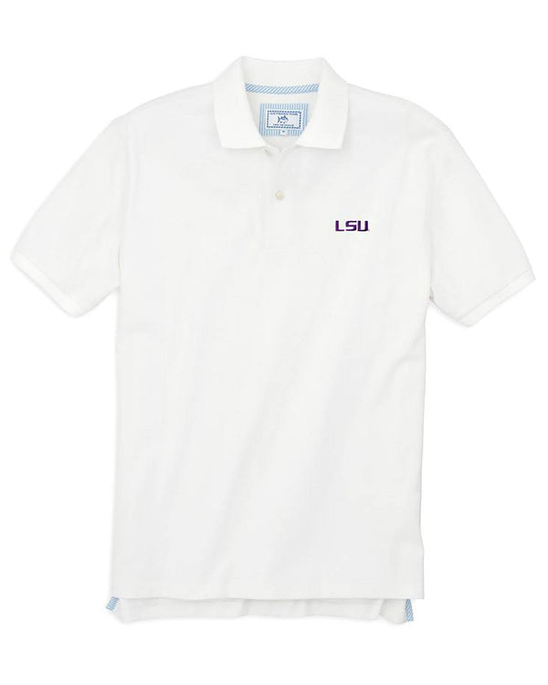 The front view of the Men's White LSU Tigers Pique Polo Shirt by Southern Tide - Classic White