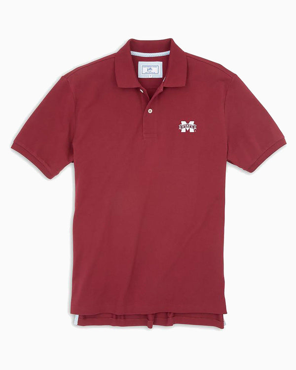 The front view of the Men's Red Mississippi State Pique Polo Shirt by Southern Tide - Chianti