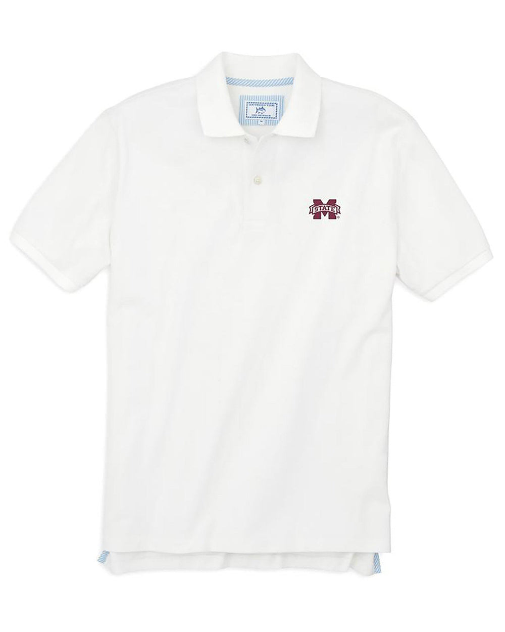 The front view of the Men's White Mississippi State Pique Polo Shirt by Southern Tide - Classic White