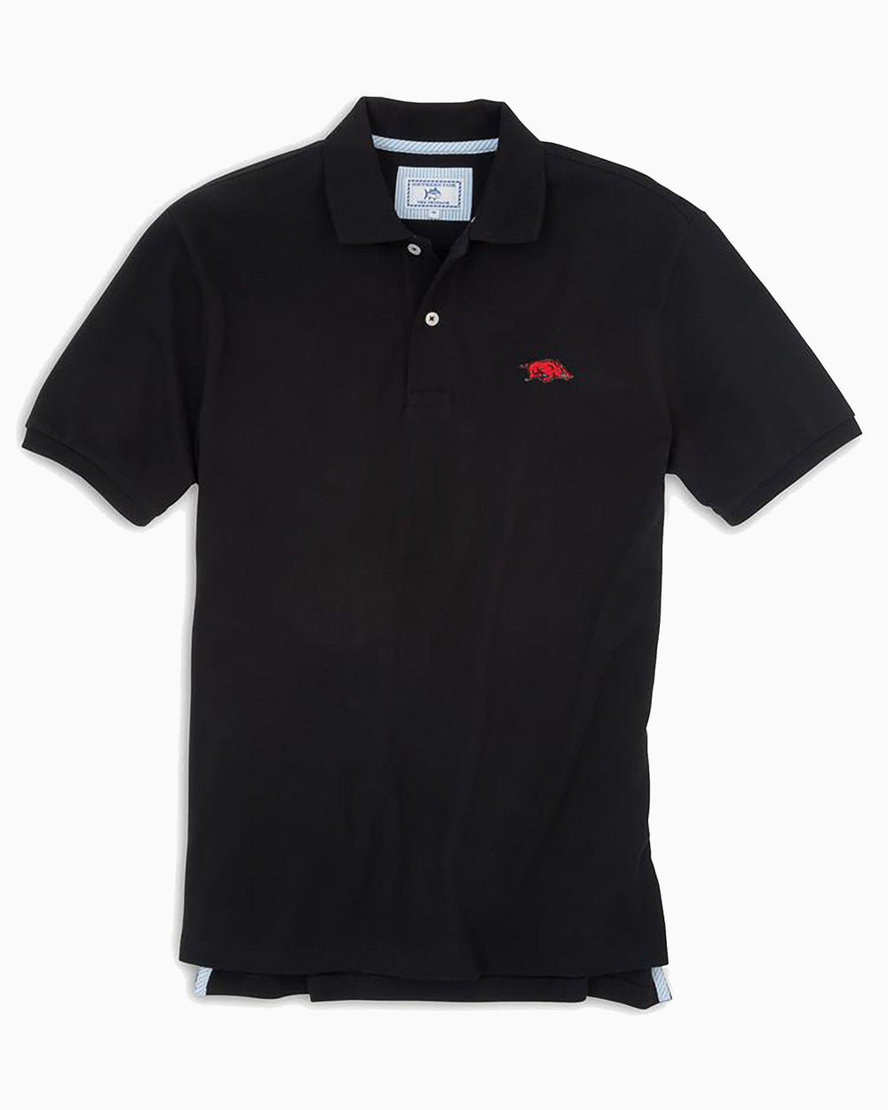 The front view of the Men's Black Arkansas Razorbacks Pique Polo Shirt by Southern Tide - Black