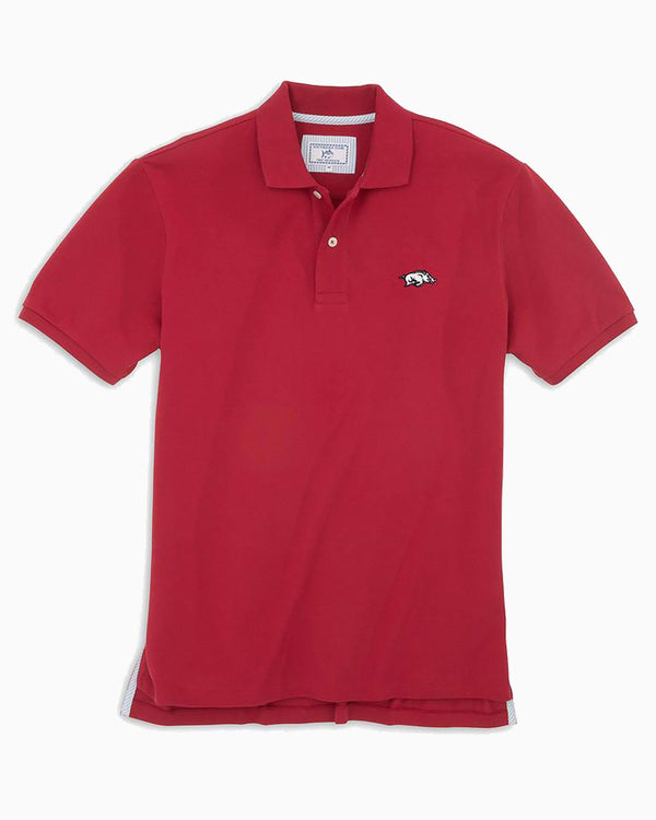 The front view of the Men's Red Arkansas Razorbacks Pique Polo Shirt by Southern Tide - Crimson